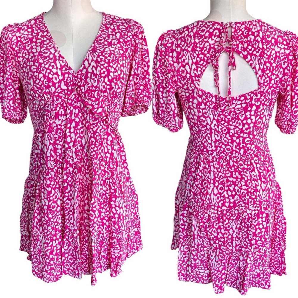 ZARA Pink Animal Print Babydoll Mini Dress w Puff Sleeves Small